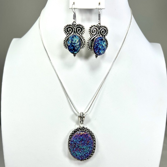 Titanium Druzy 925 Pendant & Earrings Set - Picture 1 of 15